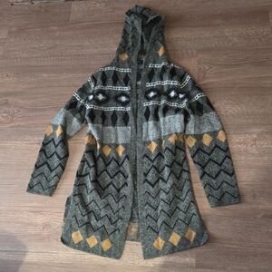 Geometric Patterned Hooded Cardigan
